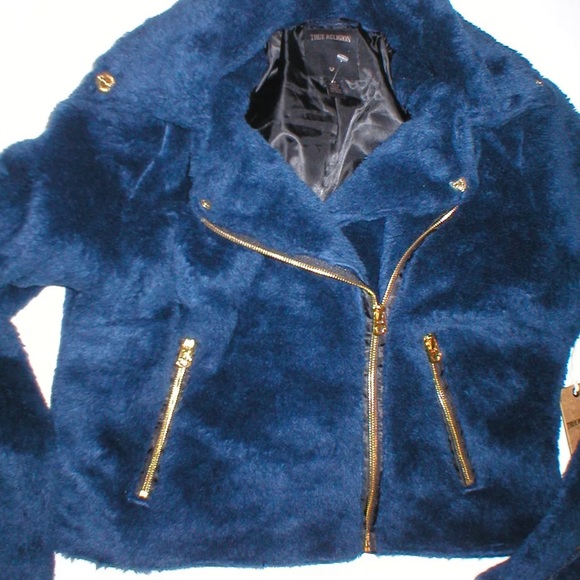 True Religion Faux Fur Moto Jacket S Dark Navy Blue Gold Women’s Sz XS NWOT - Picture 5 of 11